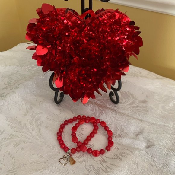 Red Bracelets with Double Heart Silver Charm and Tassel - Picture 1 of 4